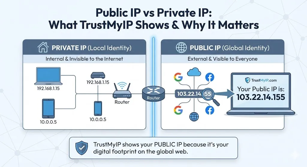 Infographic showing the path from a Private IP device through a Router to a Public IP internet connection.