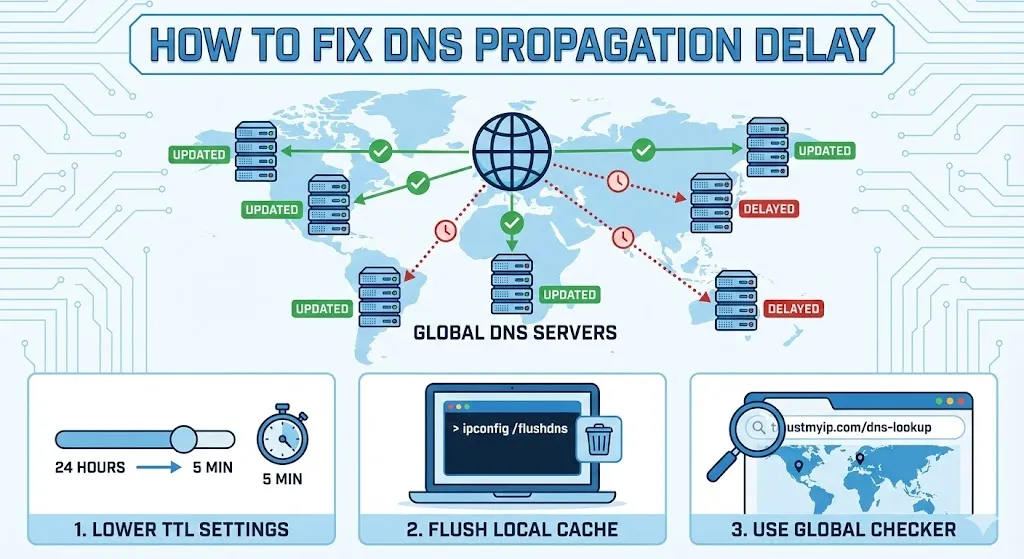 A global map showing DNS servers synchronizing data across different continents.