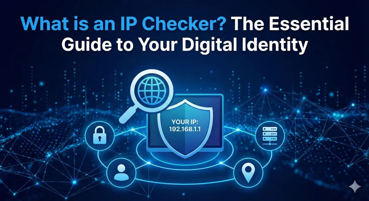 A digital illustration showing a global network being queried by an IP Checker tool.