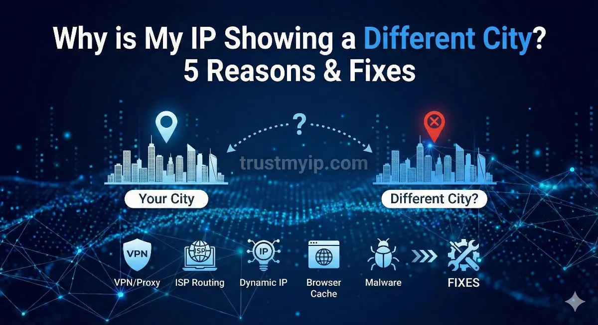 A digital map with a magnifying glass hovering over a location pin, representing IP geolocation analysis.