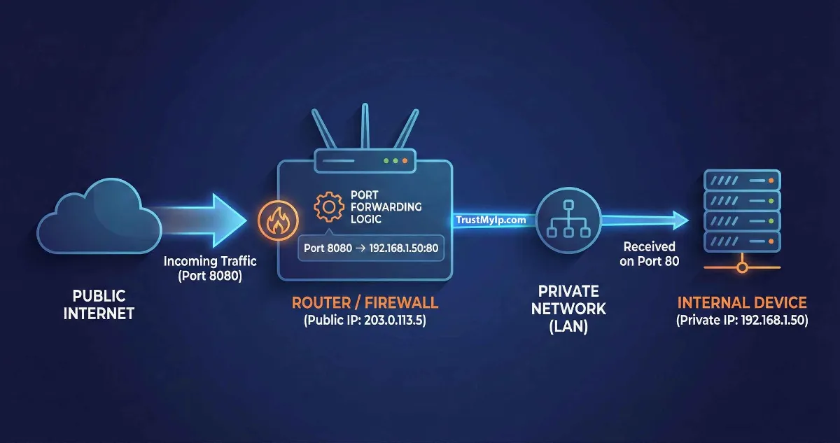 Network architecture diagram showing port forwarding logic from public IP to internal device IP.