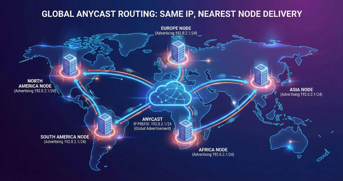 Global network map illustrating Anycast routing nodes advertising the same IP prefix to different geographic regions.