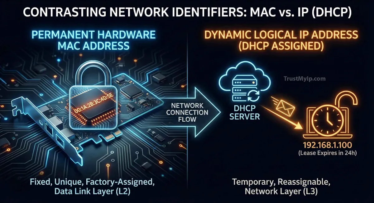 High-tech diagram contrasting a permanent hardware MAC address with a dynamic logical IP address assigned via DHCP.