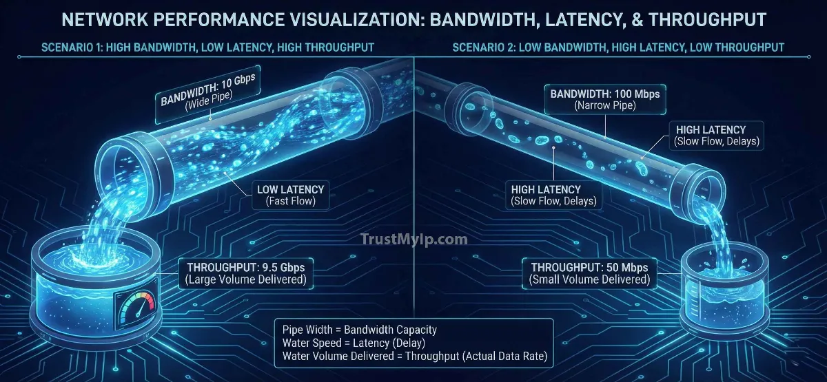A technical visualization comparing the width of a pipe (bandwidth) to the speed of water flow (latency) and actual water delivered (throughput).