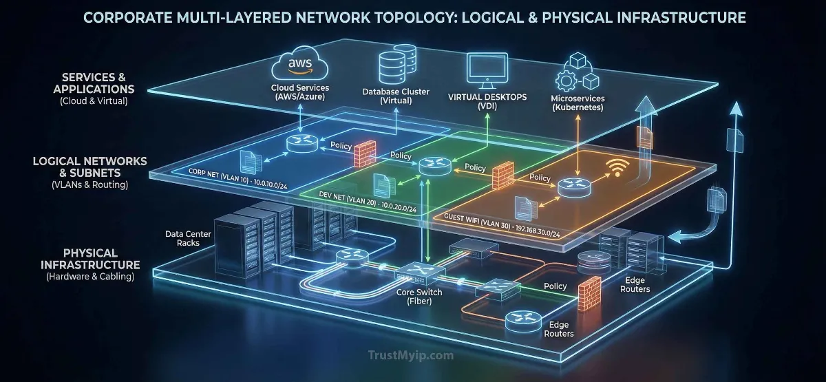 A multi-layered network topology map illustrating logical and physical infrastructure connections for a corporate environment.