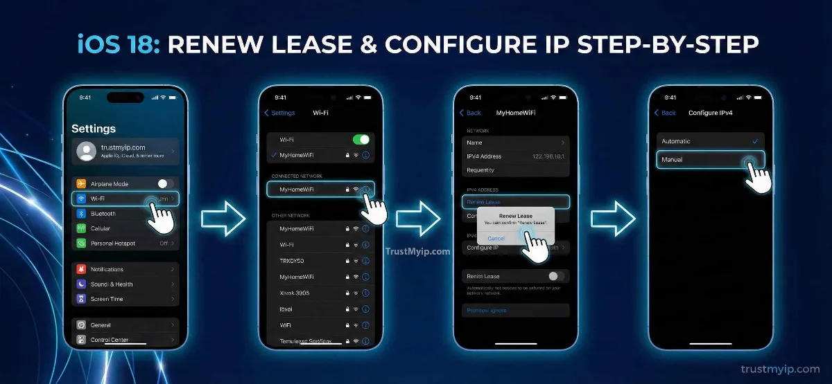 A step-by-step visual of the iOS 18 Settings app showing the "Renew Lease" and "Configure IP" menus.