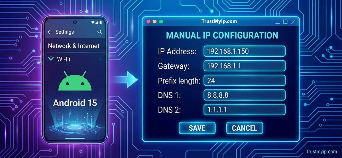 A high-tech infographic showing the Android 15 "Network & Internet" settings menu with manual IP configuration fields.