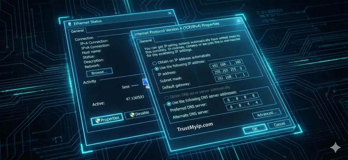 A high-resolution technical diagram of Windows Network Adapter properties showing IPv4 manual configuration settings.