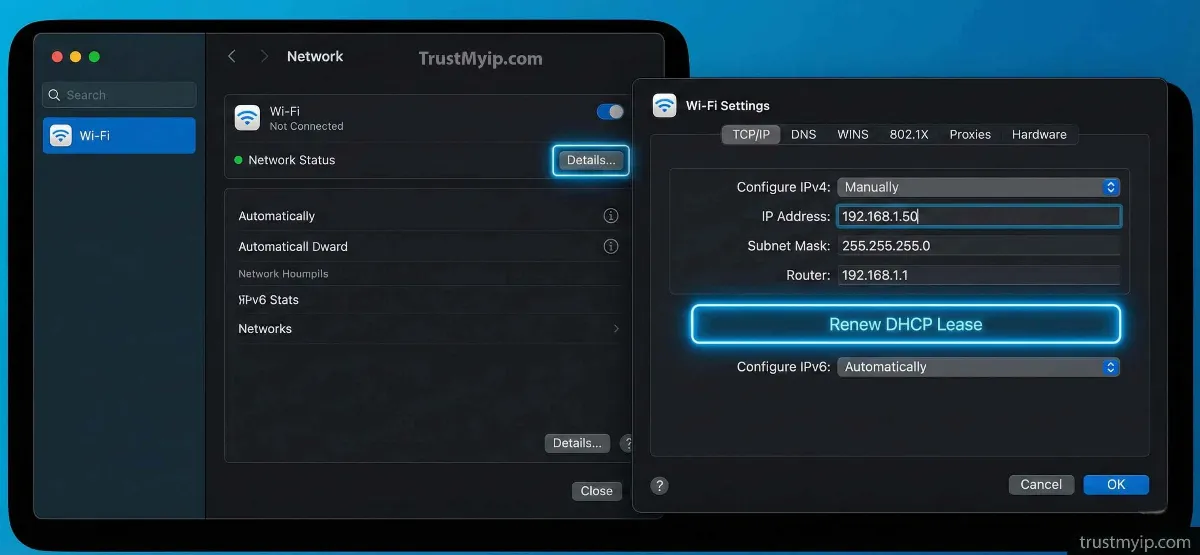 A high-definition technical screenshot of macOS System Settings showing the TCP/IP manual configuration and Renew Lease buttons.