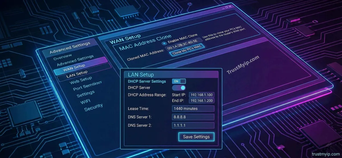 A detailed technical diagram of a router's admin interface highlighting the WAN MAC Clone and LAN DHCP settings.