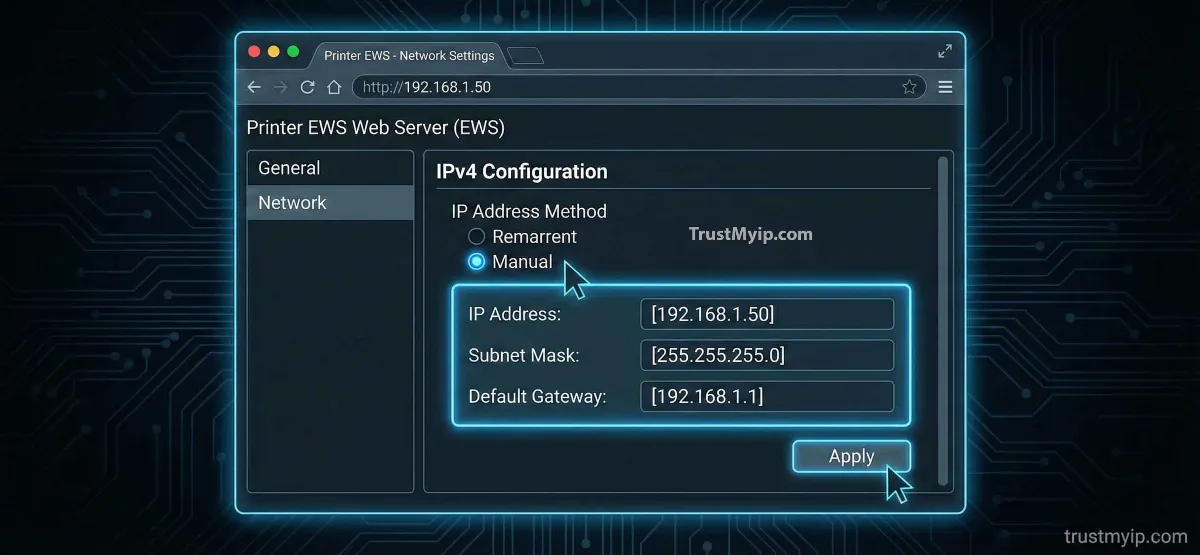 A technical diagram showing a printer's Embedded Web Server (EWS) interface with the IPv4 manual configuration settings highlighted.