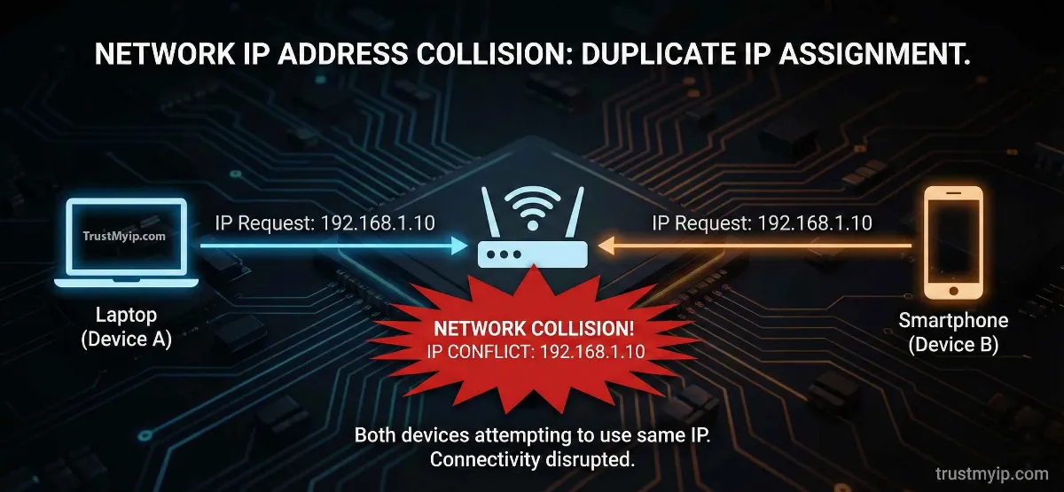 A technical diagram showing two devices (a laptop and a smartphone) attempting to use the same 192.168.1.10 IP address, causing a network collision.