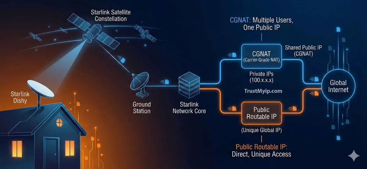 A technical diagram showing a Starlink Dishy connecting to the satellite constellation, highlighting the difference between a CGNAT IP and a Public Routable IP.