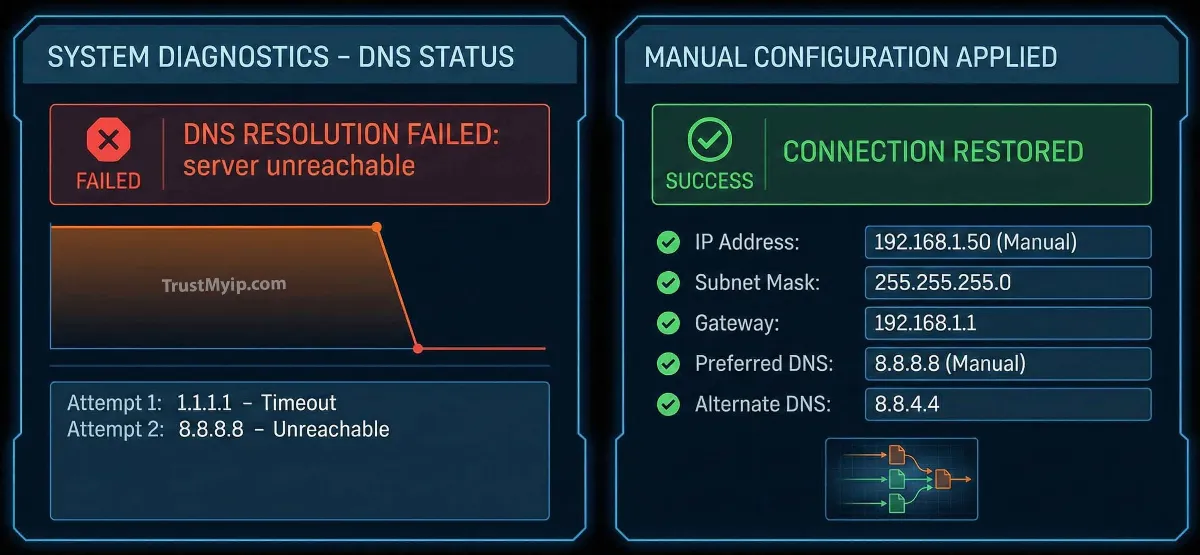 A high-tech diagnostic screen showing a failed DNS resolution attempt being fixed by a manual IP and DNS configuration.