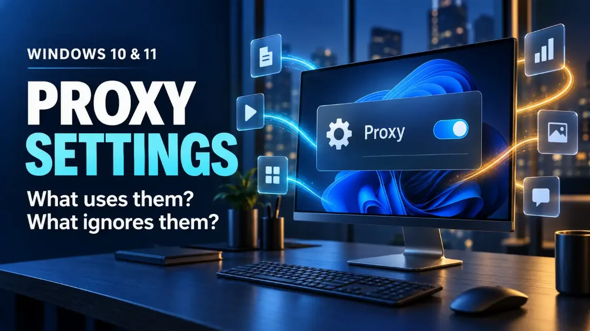 Proxy settings, Windows 10 and 11: the Settings proxy page beside a terminal showing netsh winhttp show proxy