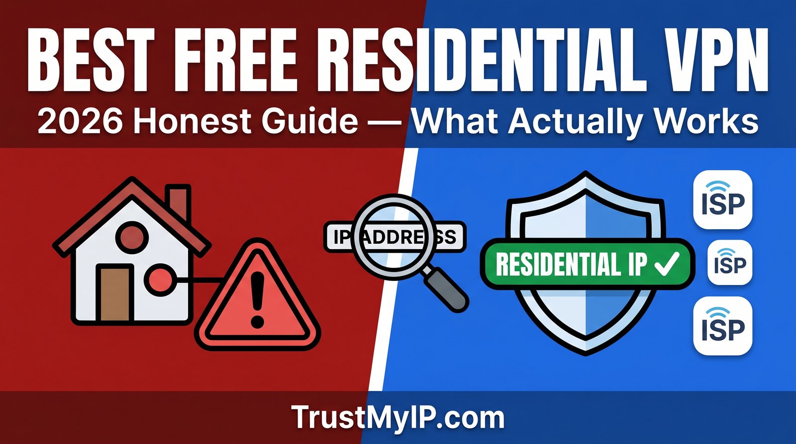 Best residential VPN free guide 2026 comparing ProtonVPN, Windscribe and Mysterium VPN with honest Tuxler risks and IP type verification