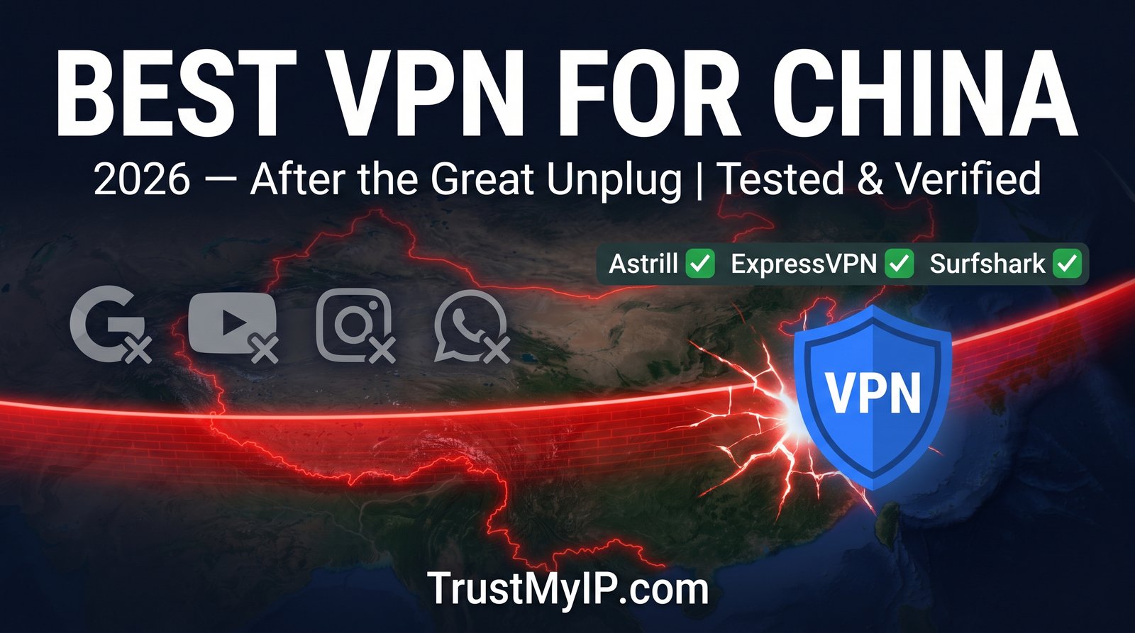 Best VPN for China 2026 guide showing Astrill, ExpressVPN and Surfshark tested against the Great Firewall after April crackdown