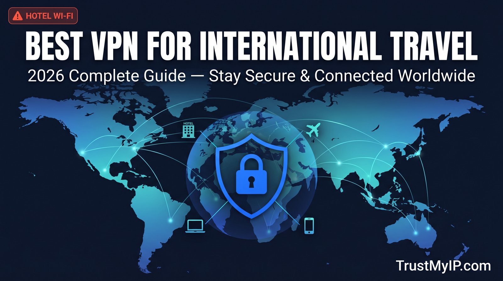 Best VPN for international travel 2026 guide comparing NordVPN, ExpressVPN and Surfshark for hotel WiFi security and global access