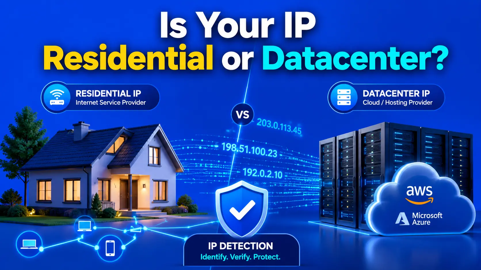 Split-screen diagram comparing a residential IP address from a home ISP connection versus a datacenter IP from a cloud provider like AWS or Azure