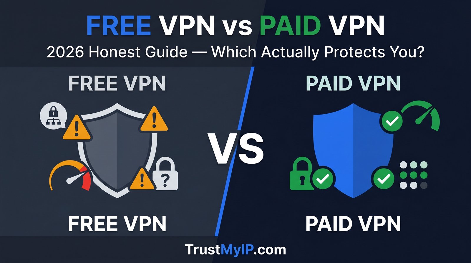 Free VPN vs paid VPN honest comparison 2026 showing ProtonVPN, Windscribe against NordVPN and Surfshark with security and speed benchmarks